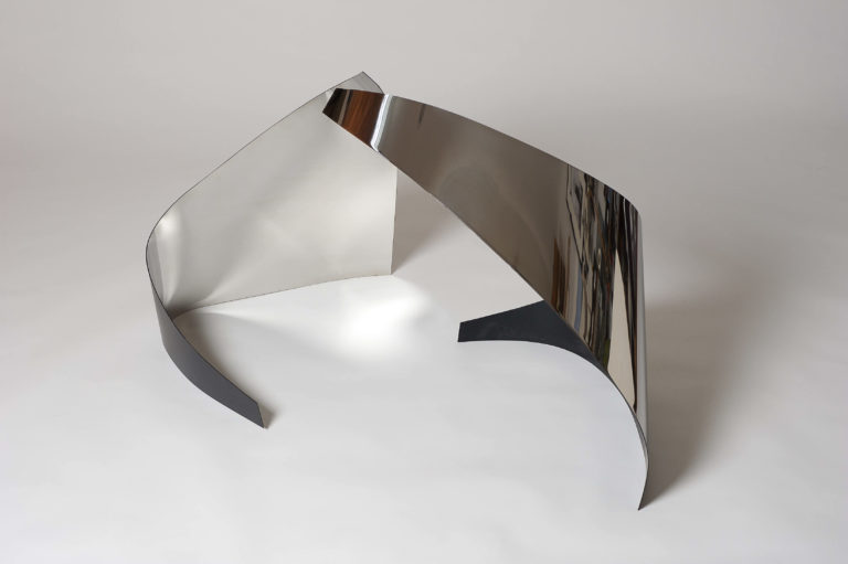 Joe Gitterman, "Duo 1," mirrored stainless steel, powder coating on non-mirrored side