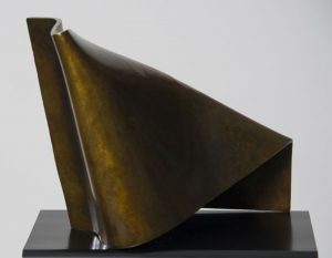 oe Gitterman, "Folded Form 9," patinated bronze with black oak base