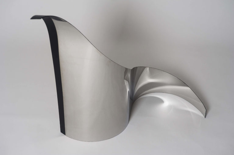 Joe Gitterman, "Gesture 15," mirrored stainless steel, powder coating on non-mirrored side