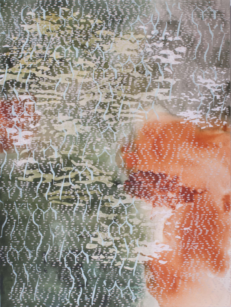 Laura Fayer, "Par Avión," acrylic, rice paper on canvas