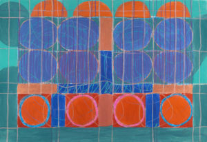 Zemma Mastin White, "Two Neon Pink Circles," acrylic wash, pastel, oil craypas on paper