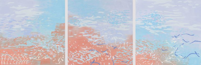 Laura Fayer, "Coral Sea," acrylic and Japanese paper on canvas; triptych