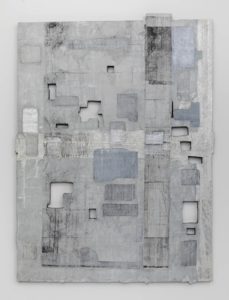 Eugene Brodsky, "Patches Fragment (Silver)," ink on silk, mounted on panel