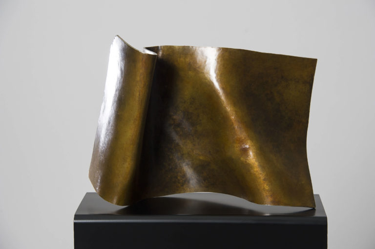 Joe Gitterman, "Folded Form 6," patinated bronze, black oak base