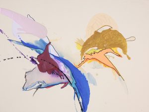 Laura Moretz, "Breaking Through the Dream," acrylic, enamel, pastel, marker, charcoal on raw canvas