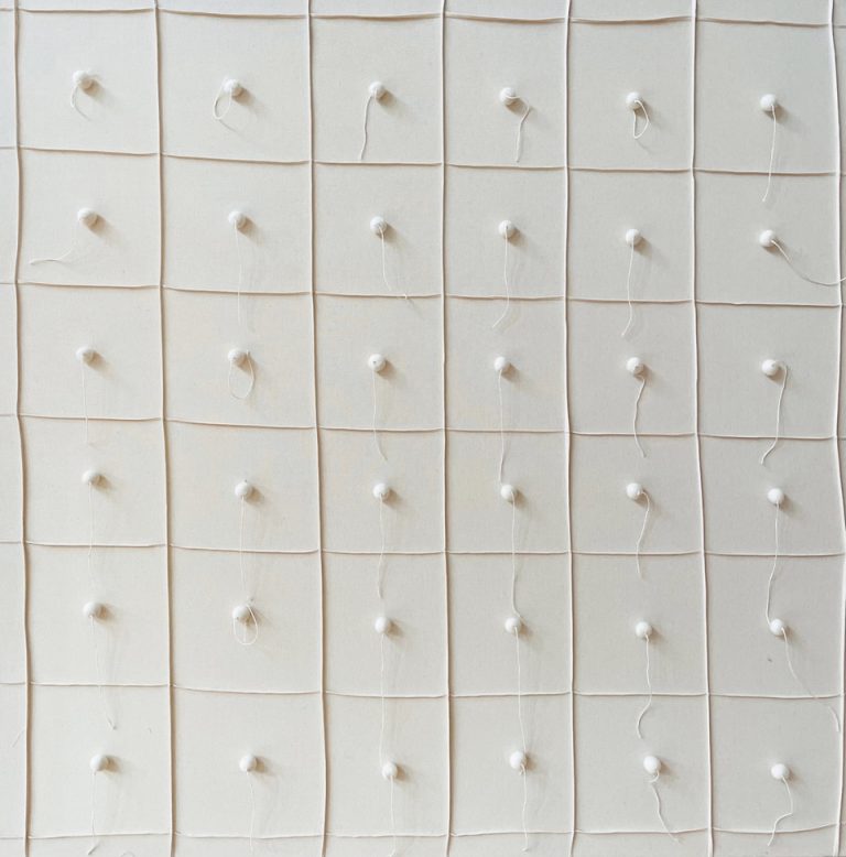 Bastienne Schmidt, "Untitled 52, White Grids," sewn, cotton, stretched over canvas