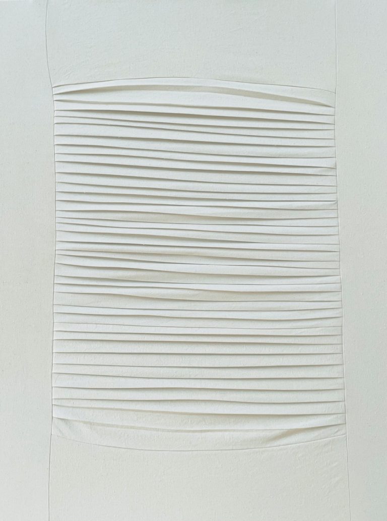 Bastienne Schmidt, "Untitled 49, White Grids," sewn, cotton, stretched over canvas