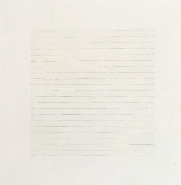 Bastienne Schmidt, "Untitled 50, White Grids," polymer paint, tracing paper, on canvas