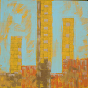 Zemma Mastin White, "City Sunset I," mixed media on canvas
