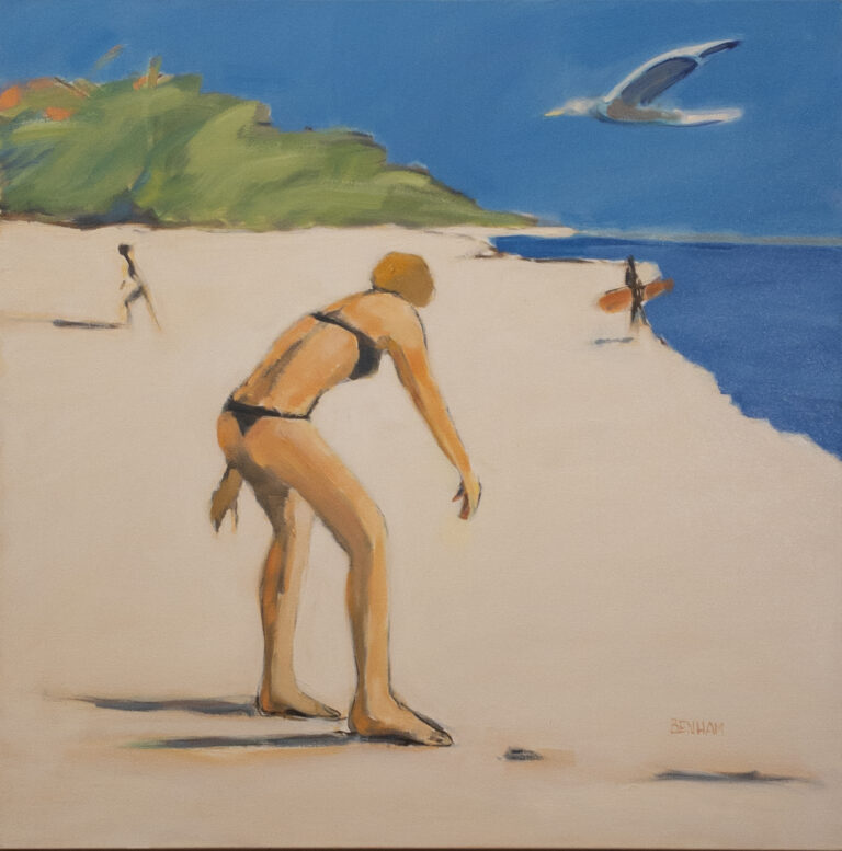 Sarah Benham, "Girl, Bird, Beach," oil on canvas
