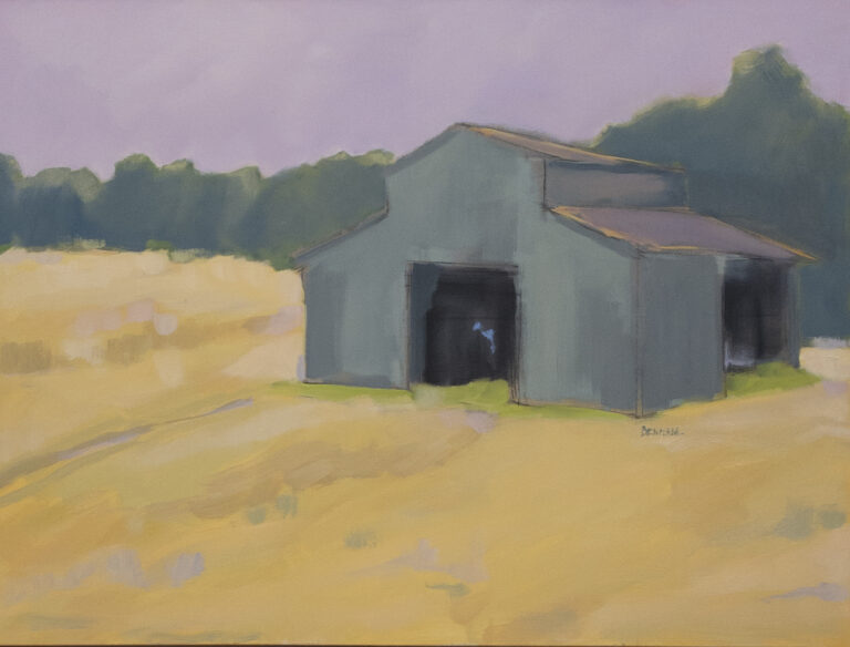 Sarah Benham, "Green Barn," oil on canvas