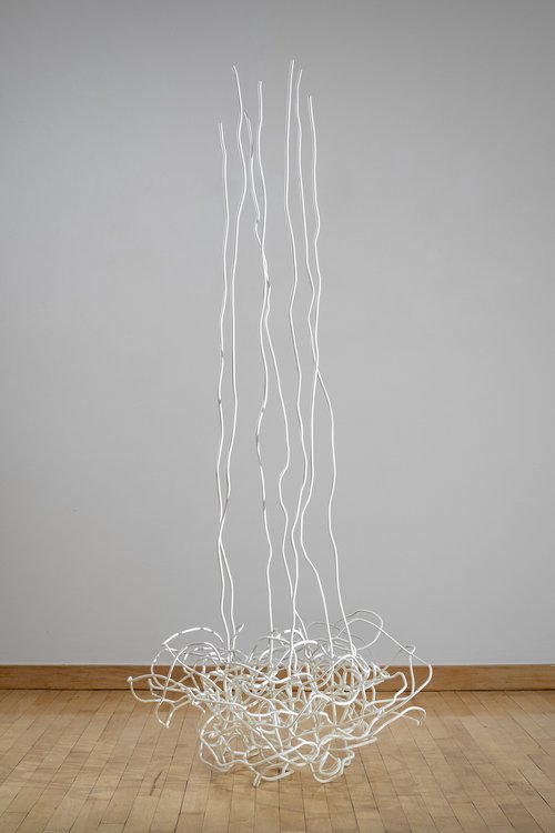 Rebecca Welz, "Root Flower," welded steel, white paint