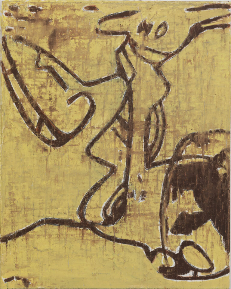 Eugene Brodsky, "Firefighter Tumbling," ink, silk on panel
