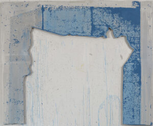 Eugene Brodsky, "Blue Cutaway," ink, acrylic, silk on wood