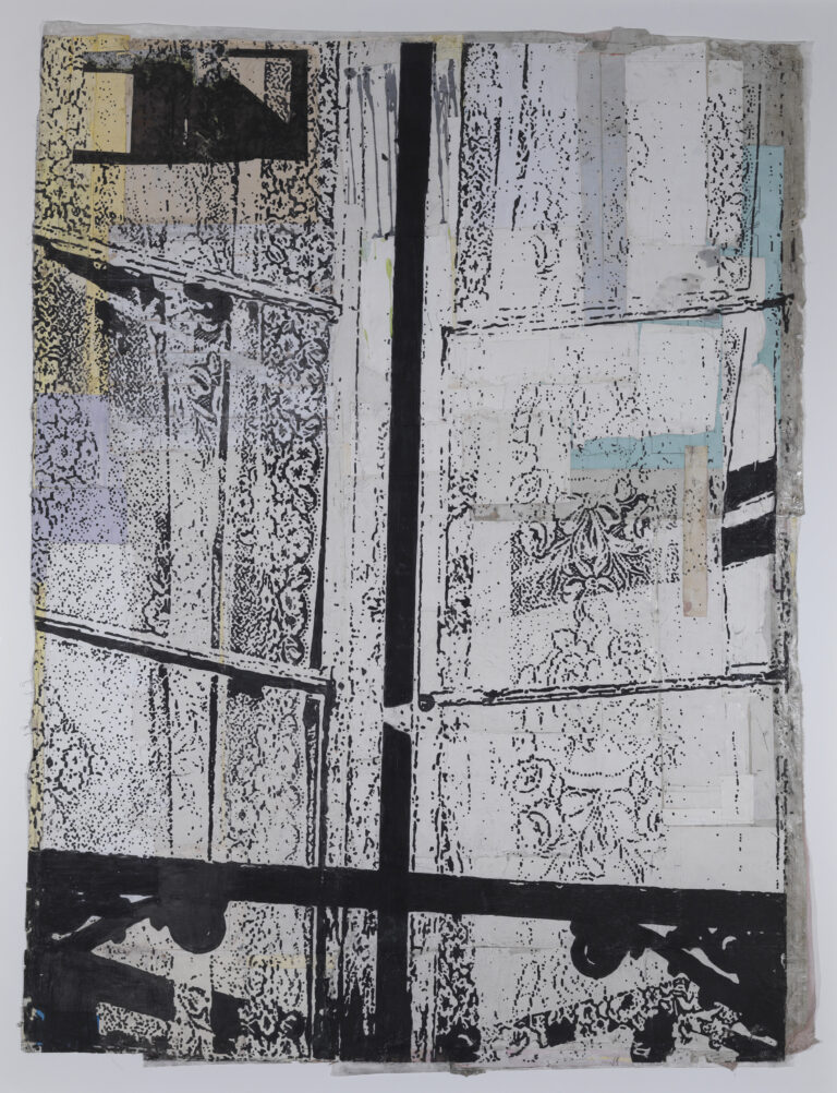 Eugene Brodsky, "Lace Vertical," ink, graphite on collaged silk
