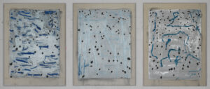 Eugene Brodsky, "Dots #1-3," oil, graphite, linen, silk on linen mounted on panel
