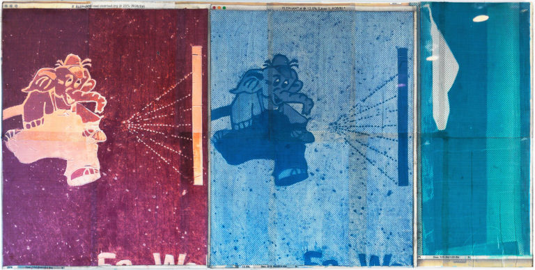 Eugene Brodsky, "Elephants," ink, acrylic, silk on linen