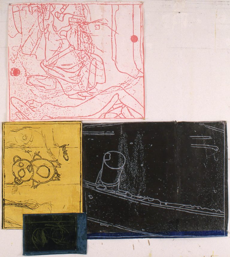 Eugene Brodsky, "Figures Ciao Bear Boat (Paper)," ink on silk