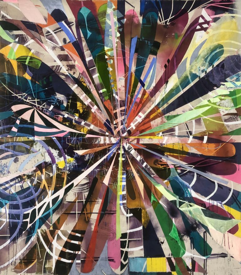 Galen Cheney, "Quasar," textile color, acrylic and collaged canvas on canvas