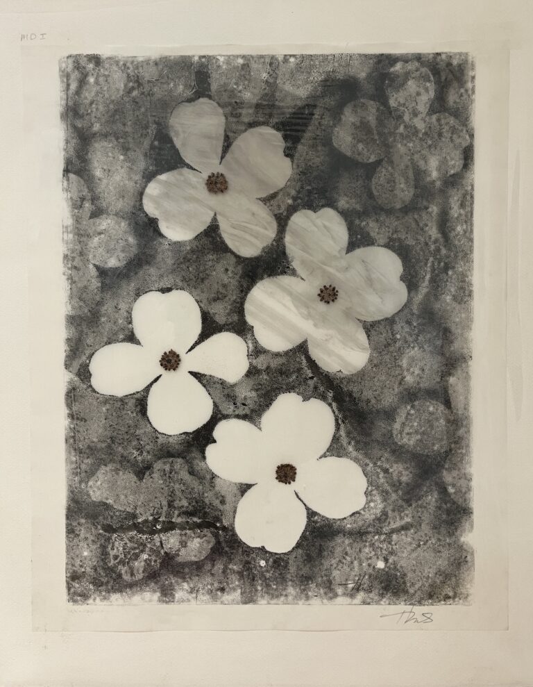 Heather Sandifer, "Marbled Dogwood I," printing ink, carbon pencil, and plant tissue