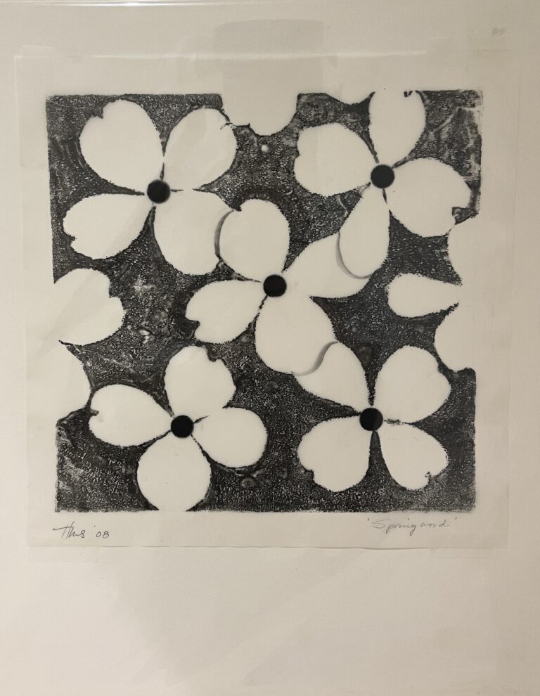 Heather Sandifer, "Springwood," printing ink, carbon pencil, and plant tissue