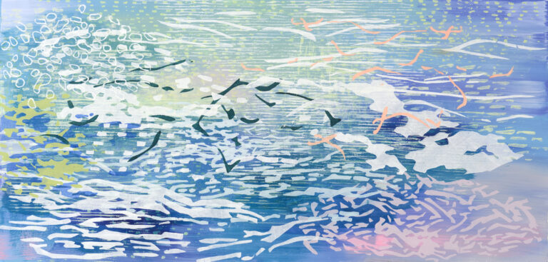 Laura Fayer, "Cosmic Coast," acrylic, japanese paper on canvas