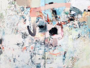 Galen Cheney, "Feeling Naked," oil, plaster and pencil on two mounted panels