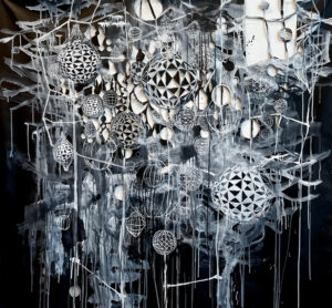 Galen Cheney, "Night Festival," acrylic on cut canvas