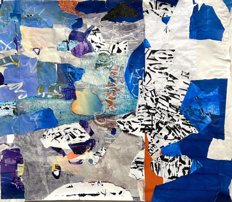 Galen Cheney, "Wild Blue," ink and acrylic on collaged paper