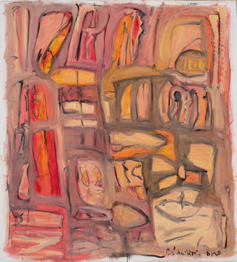 Claude Lawrence, "Labels," acrylic on canvas, unstretched