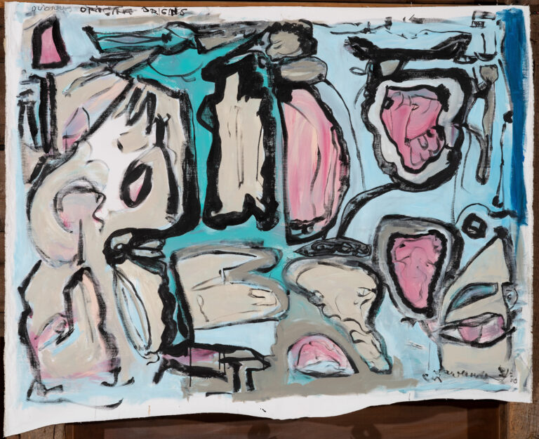 Claude Lawrence, "Dubious Origins," acrylic on canvas, unstretched