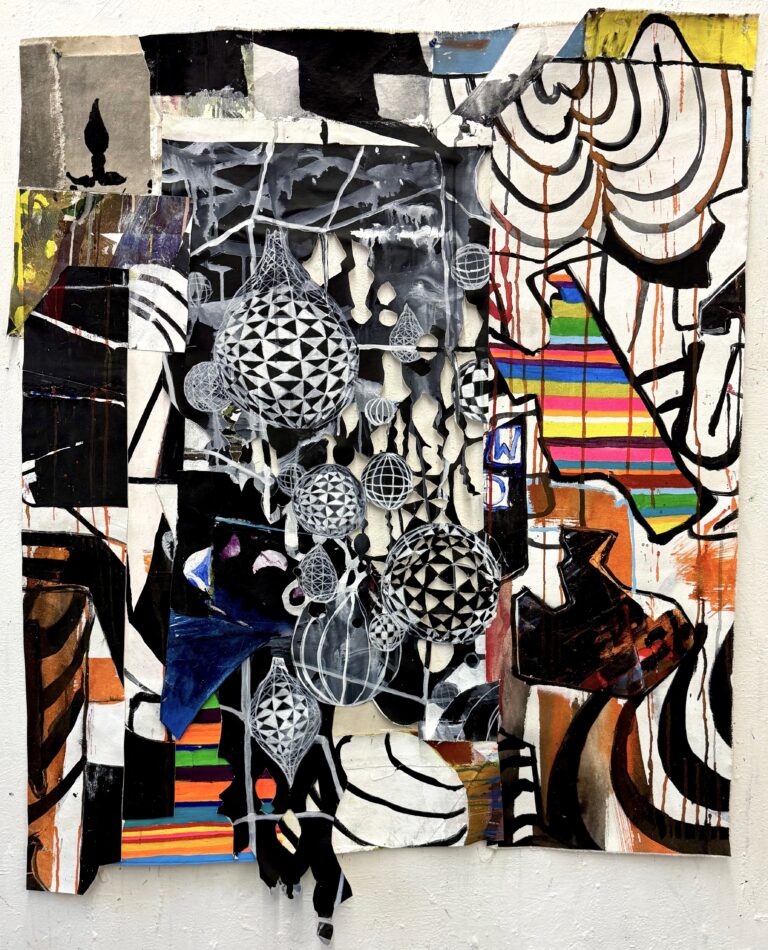 Galen Cheney, "Street Party," acrylic on collaged and cut canvas