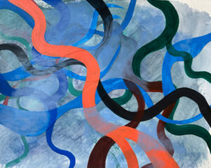 Rebecca Welz, "Blue Currents 1," acrylic paint, colored pencil and rice paper collage