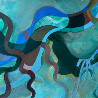 Rebecca Welz, "Green River," acrylic paint, colored pencil and rice paper collage