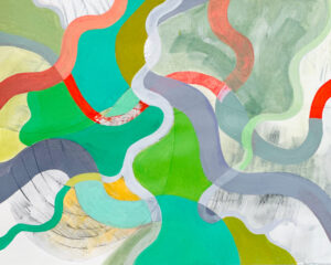 Rebecca Welz, "Greenway," acrylic paint, colored pencil and rice paper collage