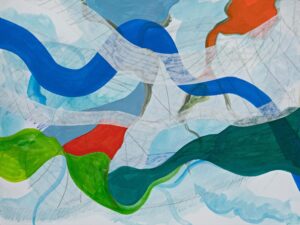 Rebecca Welz, "Haukijaarvi 2," acrylic paint, colored pencil and rice paper collage