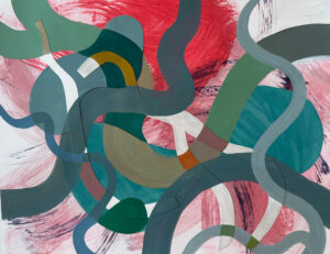 Rebecca Welz, "Red Sun," acrylic paint, colored pencil and rice paper collage