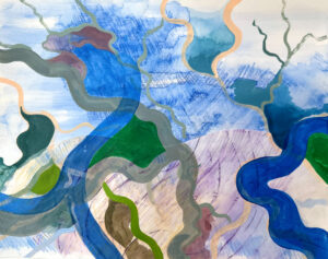 Rebecca Welz, "River Plants," acrylic paint, colored pencil and rice paper collage