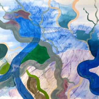 Rebecca Welz, "River Plants," acrylic paint, colored pencil and rice paper collage