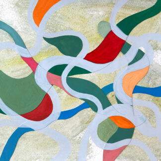 Rebecca Welz, "Silver Streams," acrylic paint, colored pencil and rice paper collage