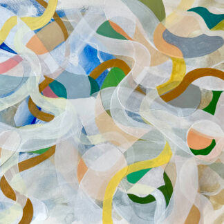 Rebecca Welz, "Snow Trails," acrylic paint, colored pencil and rice paper collage