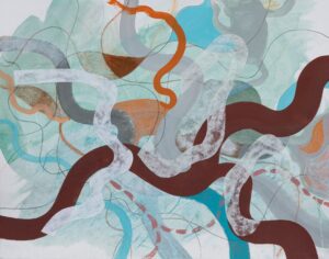 Rebecca Welz, "Trail Map," acrylic paint, colored pencil and rice paper collage