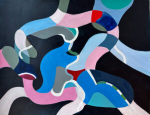 Rebecca Welz, "Machinery of the River," acrylic paint, colored pencil and rice paper collage