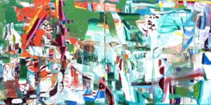 Galen Cheney, "Rooftop Garden," oil on two canvases